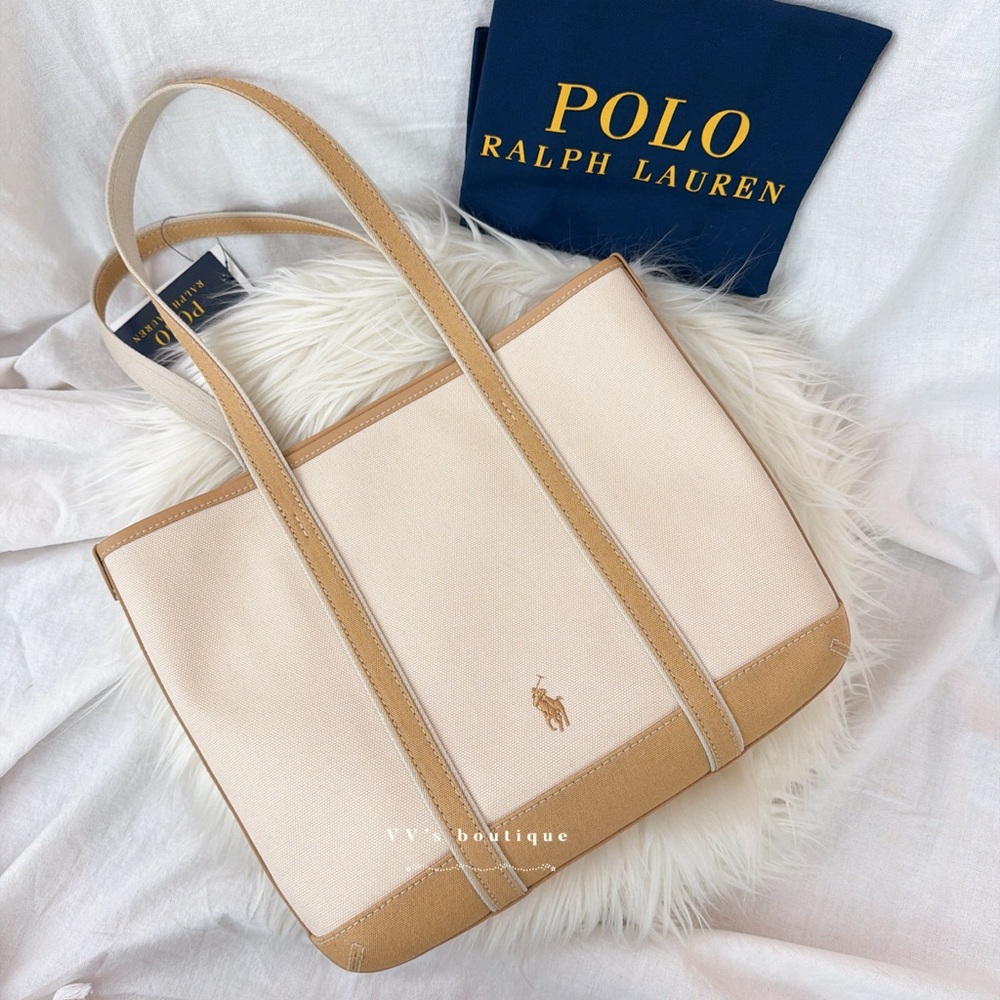 NWT Polo Ralph Lauren Polo Bear Small Canvas Shopper Tote Ecru Tan RARE LIMITED - Picture 2 of 5